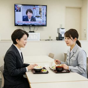 昼休みに先輩と後輩がランチをしている
